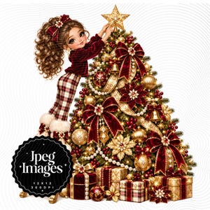 May include: A digital illustration of a character with long brown curly hair wearing a maroon velvet top and plaid pants, placing a gold star on a Christmas tree decorated with maroon velvet bows, gold ornaments, pearls, and wrapped gift boxes.