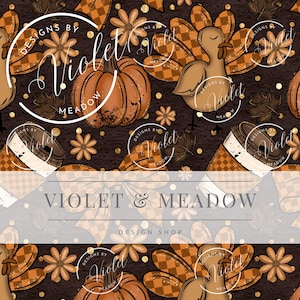 May include: A repeating pattern featuring pumpkins, turkeys, flowers, and coffee cups in shades of brown, orange, and tan. The text "VIOLET & MEADOW DESIGN SHOP" is displayed across the center of the image. The design has a fall or Thanksgiving theme.