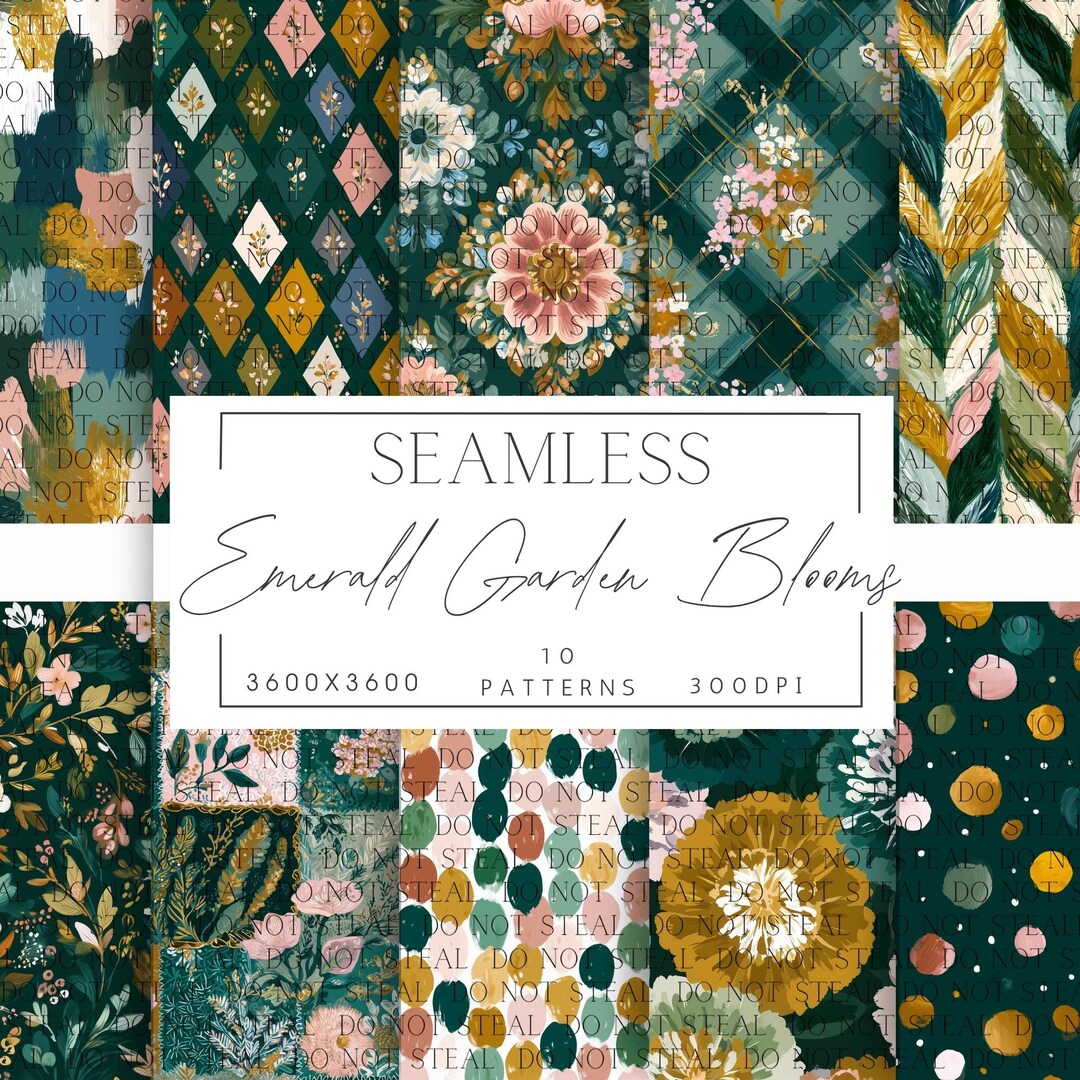 Cottagecore Seamless Pattern Pack, Emerald Floral Digital Paper ...