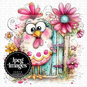 12 Whimsical Chicken Clipart JPG, Cute Farm Chicken, Floral Hen Art, Country Farmhouse Decor, Commercial Use