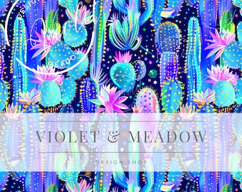 Preppy Seamless Pattern | Neon Glowing  Cactus Seamless Repeat Pattern| Backgrounds | Printable Digital Paper| Decorative Flowers