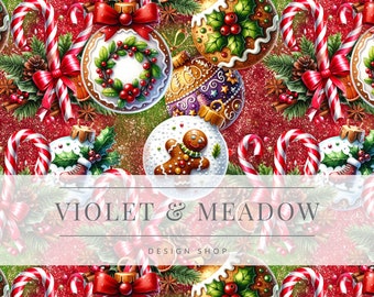 May include: A seamless pattern featuring a festive Christmas design with gingerbread ornaments, candy canes, holly, and pine cones on a red glitter background. The text "VIOLET & MEADOW DESIGN SHOP" is displayed in a white banner.