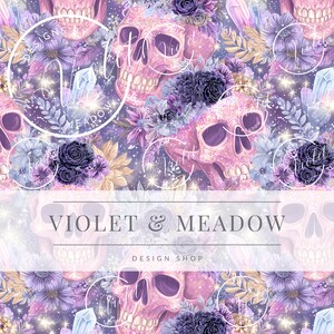 May include: A digital design featuring a repeating pattern of pink glitter skulls, purple flowers, and crystals. The design includes the text "VIOLET & MEADOW DESIGN SHOP" in a soft, elegant font. The overall color palette is a mix of pink, purple, and gold.