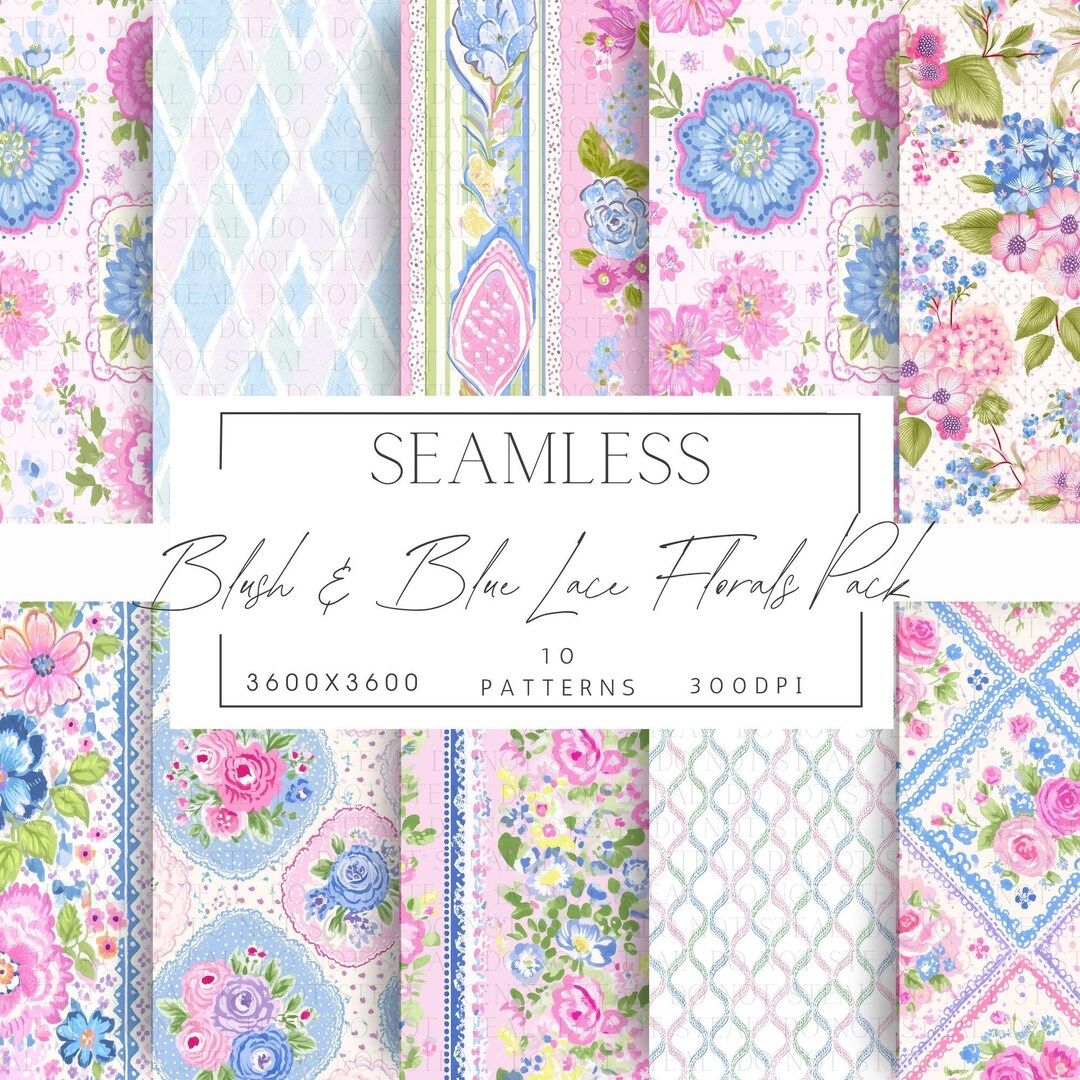 Blush Blue Floral Digital Paper Pack | Lace Seamless Pattern | Shabby ...
