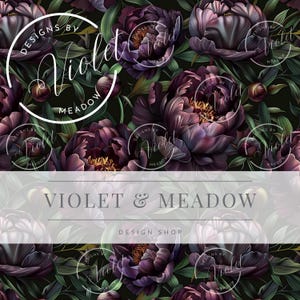 May include: A dark floral pattern featuring large, deep purple peonies with green leaves. The design includes the text "Violet & Meadow" and "Design Shop". The overall aesthetic is elegant and botanical.