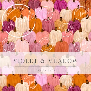 May include: A repeating pattern of pumpkins in shades of orange, pink, and cream. The pumpkins have textured lines and dark brown stems. The text "VIOLET & MEADOW DESIGN SHOP" is displayed across the centre.