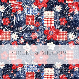 May include: A digitally created floral pattern with a navy blue background. The design features red and white flowers, along with patches of red and white gingham and a blue and white star pattern. The text "VIOLET & MEADOW DESIGN SHOP" is displayed.
