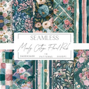 May include: A collection of ten seamless patterns with a moody cottage floral theme. The designs feature various floral arrangements in shades of teal, pink, and cream. The image includes text that reads "SEAMLESS Moody Cottage Floral Pack".