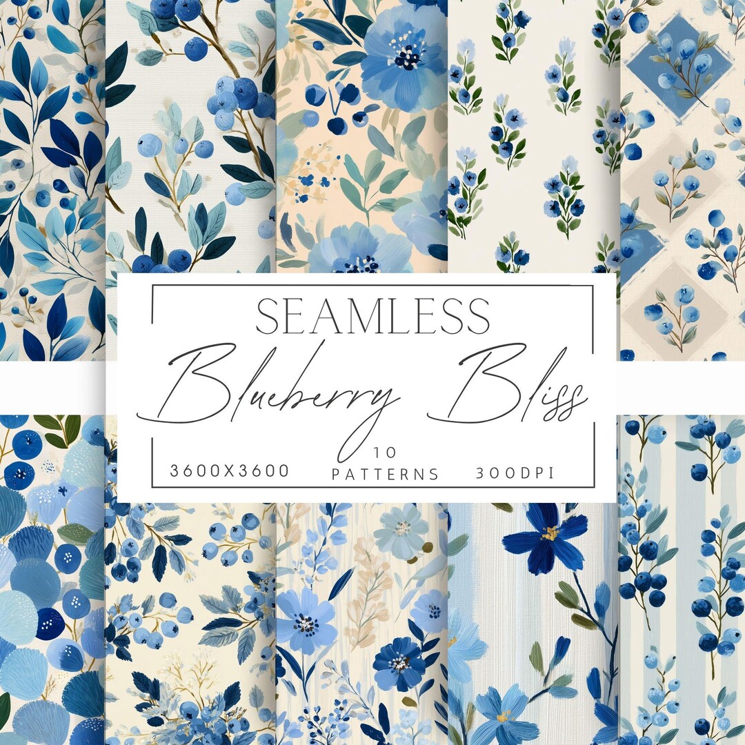 Paper Chain Blueberry Blueberry Seamless Pattern Pack | Cottagecore Blue Floral Digital Paper ...