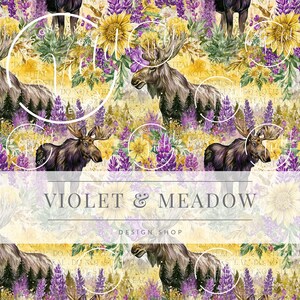 May include: A repeating pattern featuring moose, sunflowers, and purple wildflowers. The design includes the text "VIOLET & MEADOW" and "DESIGN SHOP". The background is a light yellow color.