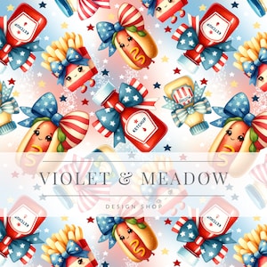 May include: A seamless pattern featuring a variety of red, white, and blue themed food items. The pattern includes hot dogs, ketchup bottles, french fries, and mustard bottles. All of the food items are decorated with red, white, and blue bows and stars. The background is a light blue and white gradient.