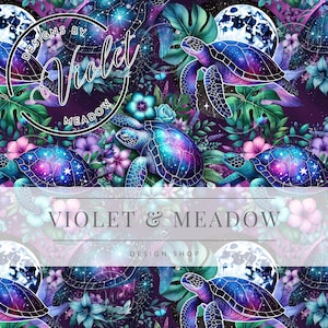 May include: Sea turtle pattern featuring a galaxy design with stars and a moon. The pattern is on a dark purple background with green leaves and pink flowers. The text "Designs by Violet Meadow" is in a circle at the top of the image.