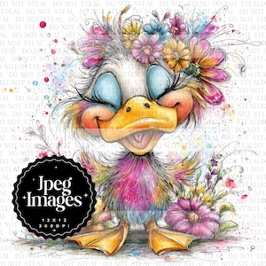 May include: A whimsical watercolor illustration of a duck adorned with a floral crown and colorful feathers. The duck has closed eyes and a cheerful expression. The image includes the text "Jpeg Images 12 x 12 300 DPI".