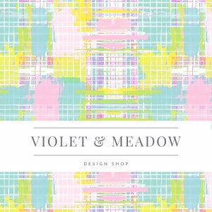 Puede incluir: Patrón geométrico abstracto con cuadrados superpuestos en tonos de rosa, amarillo, azul y verde. El texto "VIOLET & MEADOW DESIGN SHOP" está centrado debajo del patrón.