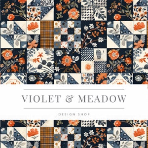 以下が含まれることがあります： オレンジ、ブルー、ホワイトの色合いの花柄モチーフが繰り返しパターンで描かれたパッチワークキルトのデザイン。デザインはダークブルーの背景に配置され、"VIOLET & MEADOW DESIGN SHOP"というテキストが含まれています。