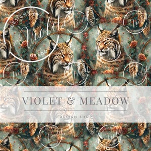 May include: A repeating pattern featuring detailed illustrations of bobcats, roses, and feathers on a teal background. The design includes the text "VIOLET & MEADOW DESIGN SHOP" in a stylized font, with circular logos.
