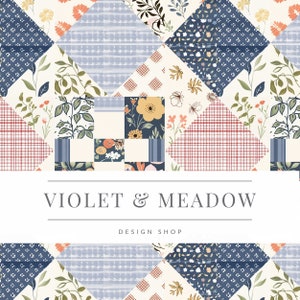 Könnte beinhalten: Ein Patchwork-Quilt-Design mit verschiedenen Blumenmustern in Blau-, Rot- und Gelbtönen. Das Design ist von einem weißen Rand mit dem Text "VIOLET & MEADOW DESIGN SHOP" umrahmt.