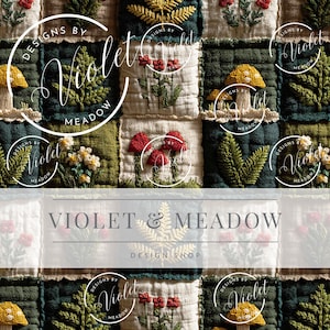 May include: A patchwork design featuring embroidered floral and mushroom motifs in red, yellow, and white on a green and cream background. The text "VIOLET & MEADOW DESIGN SHOP" is displayed at the bottom, with the brand name in a circular logo.