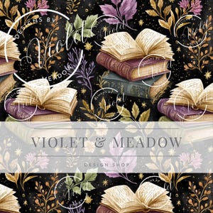 May include: A repeating pattern featuring open books, botanical elements, and celestial accents. The design includes stacks of books in shades of brown and purple, with detailed pages. The background is a dark, starry night.