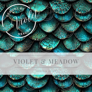 May include: A seamless pattern featuring a close-up of overlapping teal blue and green scales with a metallic sheen. The scales have a textured, cracked surface. The text "Designs by Violet Meadow" is visible in the top left corner of the image.
