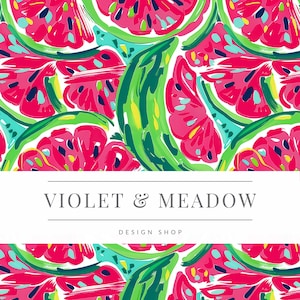 May include: A white background with a repeating pattern of pink, green, and blue watermelon slices. The text "VIOLET & MEADOW DESIGN SHOP" is centered in the middle of the image.