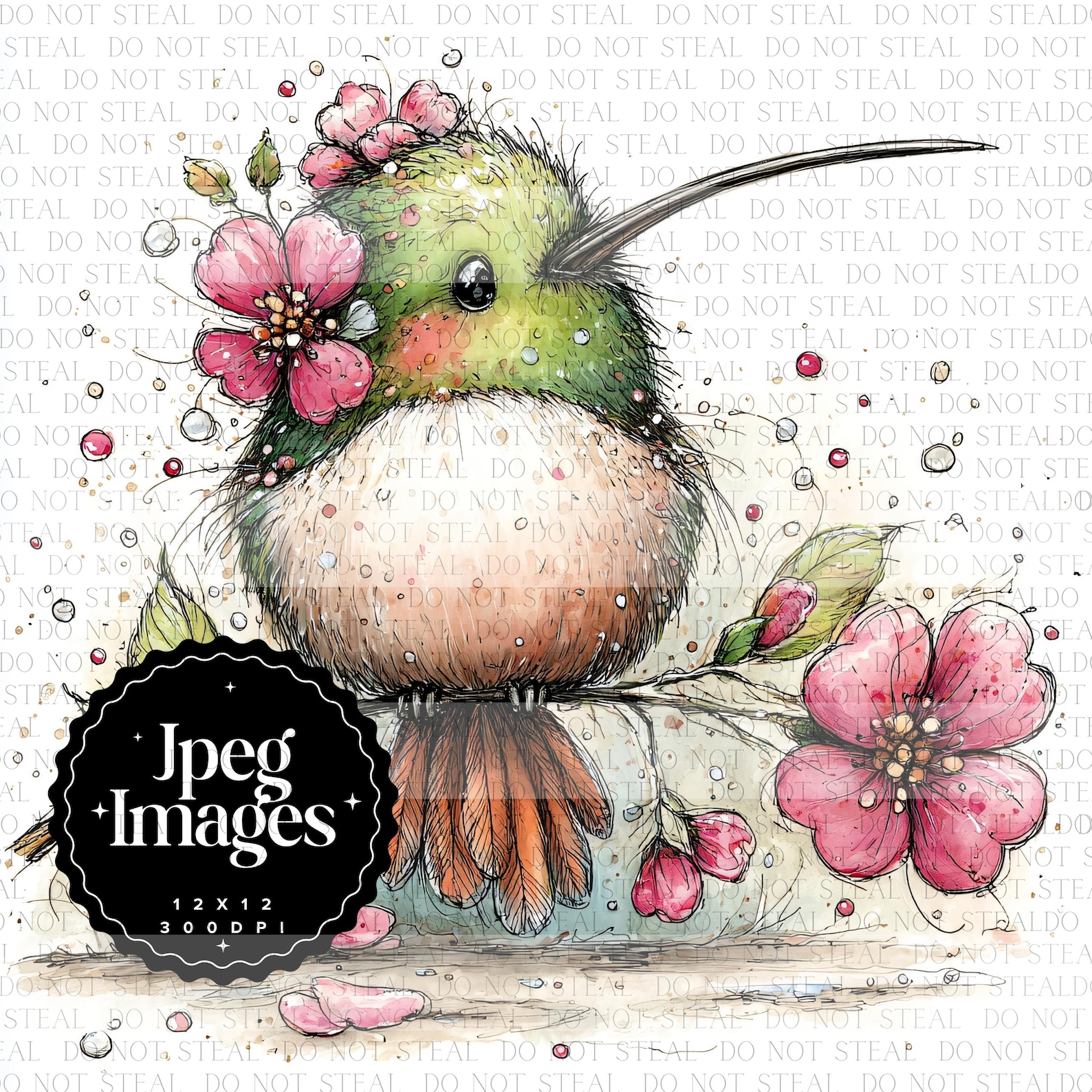 Whimsy Hummingbird Whimsical Hummingbird Clipart Bundle | Soft Floral Garden Bird Art JPG ...