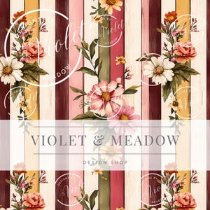 Puede incluir: Un diseño digital con rayas verticales en crema, burdeos, verde oliva y dorado. Arreglos florales con flores rosas, blancas y naranjas se intercalan. Se muestra el texto "VIOLET & MEADOW DESIGN SHOP".
