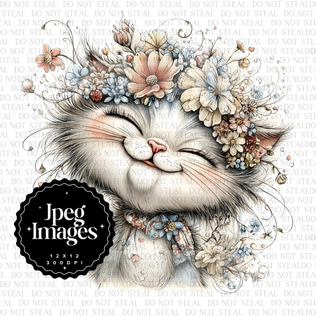 10 Cute Cat Clipart Jpeg – Floral Baby Cat PNG for Nursery Wall Art ...
