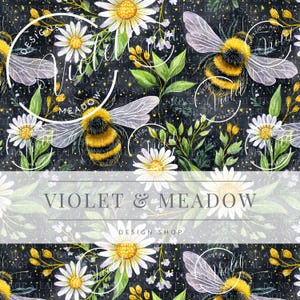 Puede incluir: Un diseño digital con abejorros, margaritas y follaje sobre un fondo oscuro. El diseño incluye el texto "VIOLET & MEADOW DESIGN SHOP" en una pancarta en la imagen. Las abejas tienen rayas amarillas y negras.