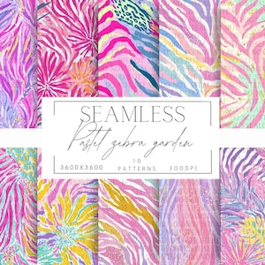 May include: Ten seamless pastel zebra garden patterns are displayed. The designs showcase bright pink, yellow, and purple shades with zebra stripes and floral motifs. The image includes the text "SEAMLESS Pastel zebra garden".