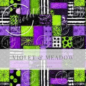 Peut inclure: Un motif patchwork avec des carrés noirs, blancs, violets et vert néon. Le motif comprend des toiles d'araignées, des pois et des rayures. Le texte "VIOLET & MEADOW DESIGN SHOP" est affiché au centre.