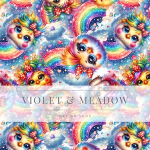 May include: A seamless pattern featuring colorful rainbow designs with fluffy chicks wearing bows and colorful hair. The background is a white with glitter and stars. The text "VIOLET & MEADOW DESIGN SHOP" is in the center of the image.
