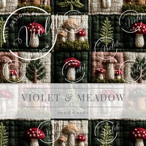 Könnte beinhalten: Ein Patchwork-Stoffdesign mit gestickten Pilzen und Blättern. Die Pilze haben rote und weiße Kappen und hellbraune Stiele. Das Design enthält den Text "VIOLET & MEADOW DESIGN SHOP" und die Marke "Violet".