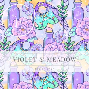 May include: A seamless pattern featuring a whimsical design with pastel purple, pink, and blue colors. The pattern includes a crystal, a potion bottle, a flower, and a witchy symbol. The text "VIOLET & MEADOW DESIGN SHOP" is at the bottom of the image.