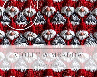 3D Crochet Knit Gnomes Seamless Pattern | Cute Red and White Gnomes Repeating Design | Digital Download - Fabric Sublimation