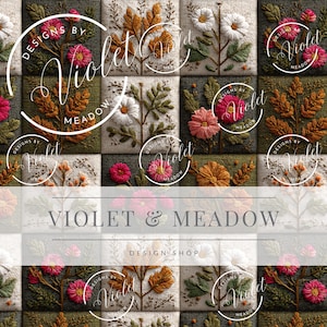 May include: A repeating pattern of embroidered floral designs in squares. The squares feature various flowers and foliage in shades of pink, orange, white, and green. The text "VIOLET & MEADOW DESIGN SHOP" is displayed across the center.