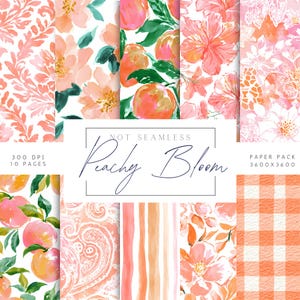 Può includere: Una collezione di disegni di carta acquerello con motivi floreali e di frutta nei toni del pesca, rosa e verde. I disegni includono pesche, fiori e motivi astratti. Il testo "Peachy Bloom" è visualizzato in scrittura a mano.