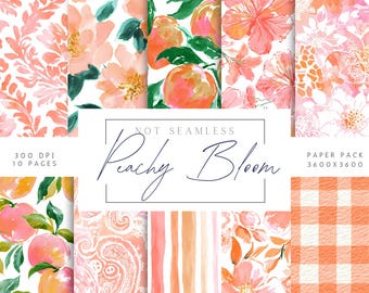 Peach Flowers, Preppy Flower Paper Pack | Peaches Pattern | Summer flowers Digital Download | Printable Scrapbook Paper | Scrapbook Papers