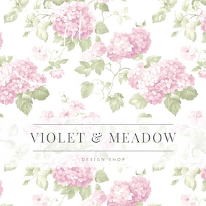 Può includere: Uno sfondo bianco con un motivo ripetuto di fiori di ortensia rosa e foglie verdi. Il testo "VIOLET & MEADOW DESIGN SHOP" è centrato al centro dell'immagine.