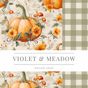 May include: A seamless pattern featuring orange pumpkins with green vines and yellow flowers on a cream background. The pattern is repeated on a green and white gingham background. The text "VIOLET & MEADOW DESIGN SHOP" is displayed in a white banner.