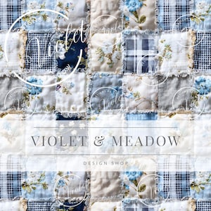 Op de afbeelding: Een patchwork quilt ontwerp met vierkanten van stoffen in blauw, wit en beige. Sommige vierkanten hebben bloempatronen, andere ruiten of effen texturen. De tekst "VIOLET & MEADOW DESIGN SHOP" is weergegeven.