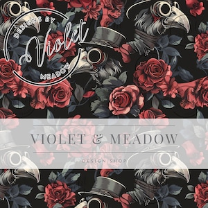 May include: A seamless pattern featuring dark red roses, lush green foliage, and black and white illustrations of birds wearing top hats and goggles. The text "Designs by Violet Meadow" is featured in the pattern.