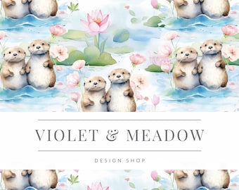 Seamless Pattern File, Cute Baby Otters, Otters Lillies and Pond,  Digital Paper, Textile pattern Fabric, PNG, Watercolor Woodland Animals