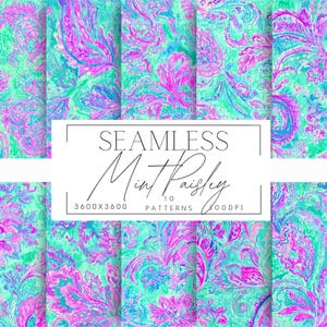 May include: Seamless Mint Paisley patterns in shades of mint green, turquoise, and vibrant pink. The image displays a collection of ten patterns, each with a unique paisley design. The text "SEAMLESS Mint Paisley" is displayed in a white font.