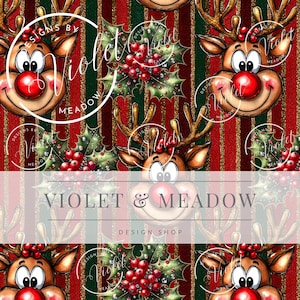 Può includere: Un motivo natalizio festivo con renne dei cartoni animati con nasi rossi e agrifoglio con bacche rosse. Lo sfondo presenta strisce verticali rosse, verdi e dorate. Il testo "VIOLET & MEADOW DESIGN SHOP" è visibile.