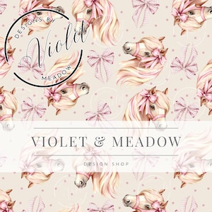 May include: A seamless pattern featuring a light brown horse head with a pink bow, pink gingham bows, and pink polka dots on a light beige background. The text "Designs by Violet Meadow" is in a circle at the top of the pattern.