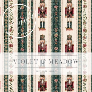 Pode incluir: Padrão repetitivo com soldados quebra-nozes em uniformes vermelhos e dourados, intercalados com listras verticais de desenhos florais e ornamentais em creme, verde e bordô. O texto "VIOLET & MEADOW DESIGN SHOP" é exibido.