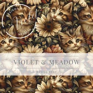 Katten en bloemen | Achtergrond | Herhalend patroon | Direct downloaden | Aquarel | Oppervlaktepatroon | Aangepaste stof | Naadloze bloemenprint