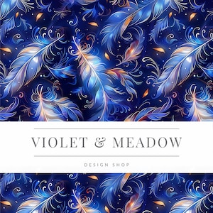 May include: A digital design with a repeating pattern of stylized feathers in blue, gold, and orange against a dark blue backdrop. The text "VIOLET & MEADOW DESIGN SHOP" is displayed in a white banner.