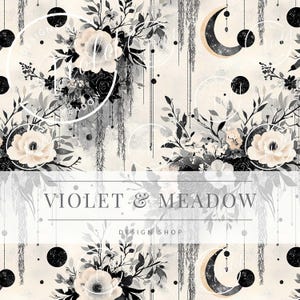May include: A seamless pattern with floral and celestial motifs in monochrome with cream and peach accents. The design includes stylized flowers, moons, and hanging vines. The text "VIOLET & MEADOW DESIGN SHOP" is displayed.